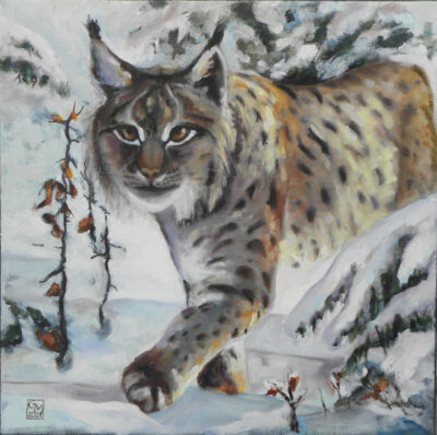 Luchs im Schnee, Ölbild von Gabriele Maderböck